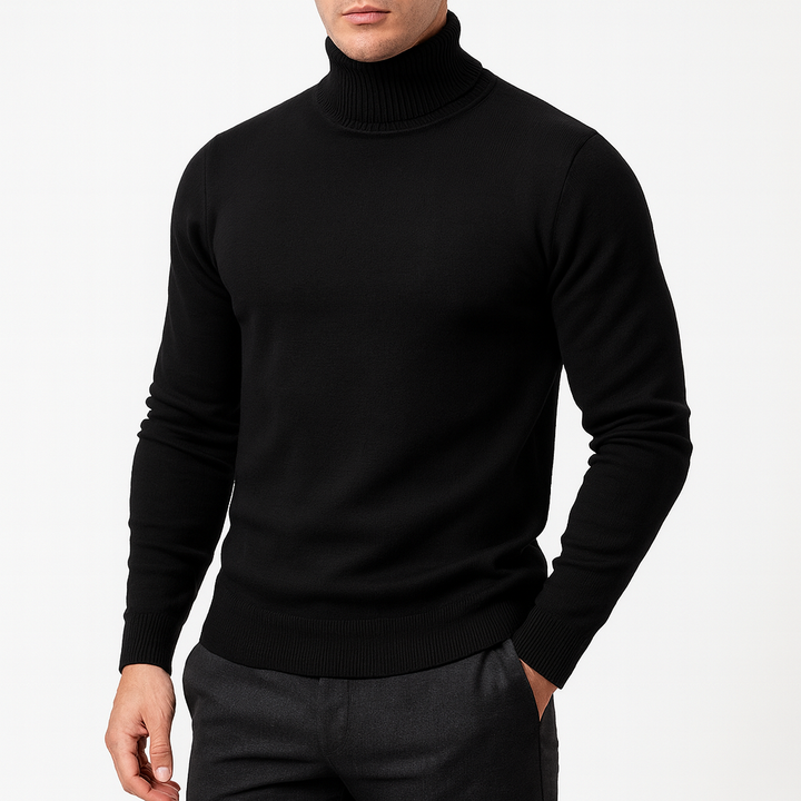Close-up of a men's versatile turtleneck sweater in a soft, comfortable knit fabric, ideal for stylish autumn casual wear.