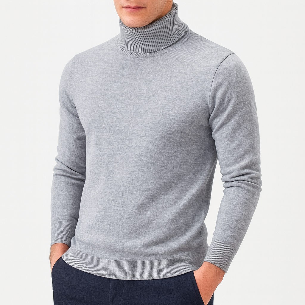 Stylish men's long sleeve turtleneck sweater, perfect for elegant formal or comfortable casual winter outfits & fashion.