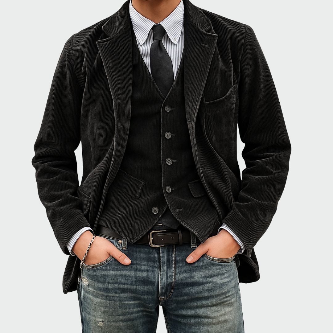 Sophisticated men's tailored blazer and vest set, ideal for formal wear, weddings, or business events.