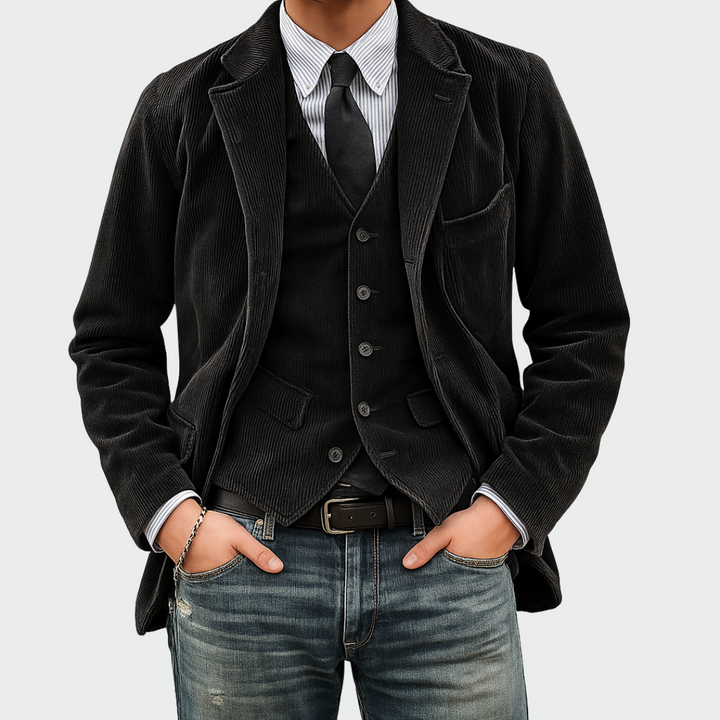 Sophisticated men's tailored blazer and vest set, ideal for formal wear, weddings, or business events.