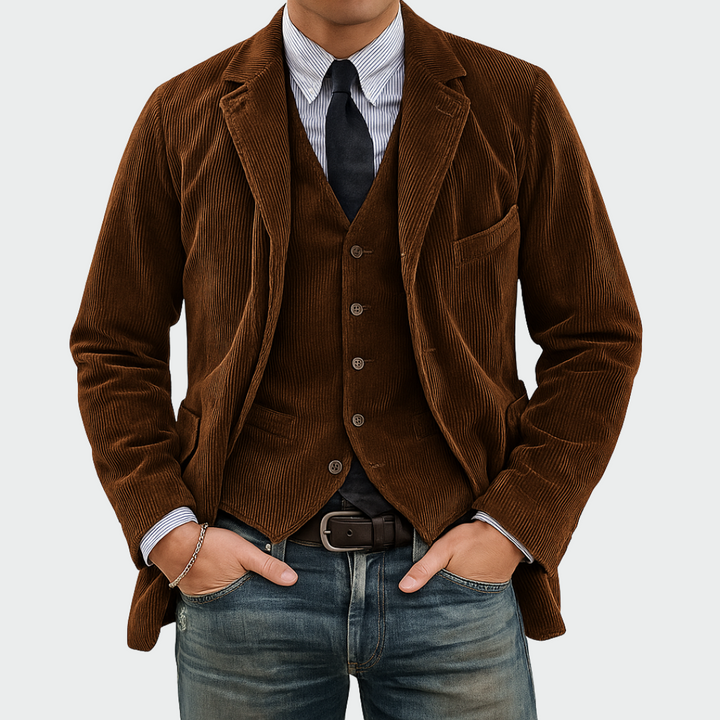 Classic men's formal business suit blazer and matching vest set, embodying elegant men's fashion.