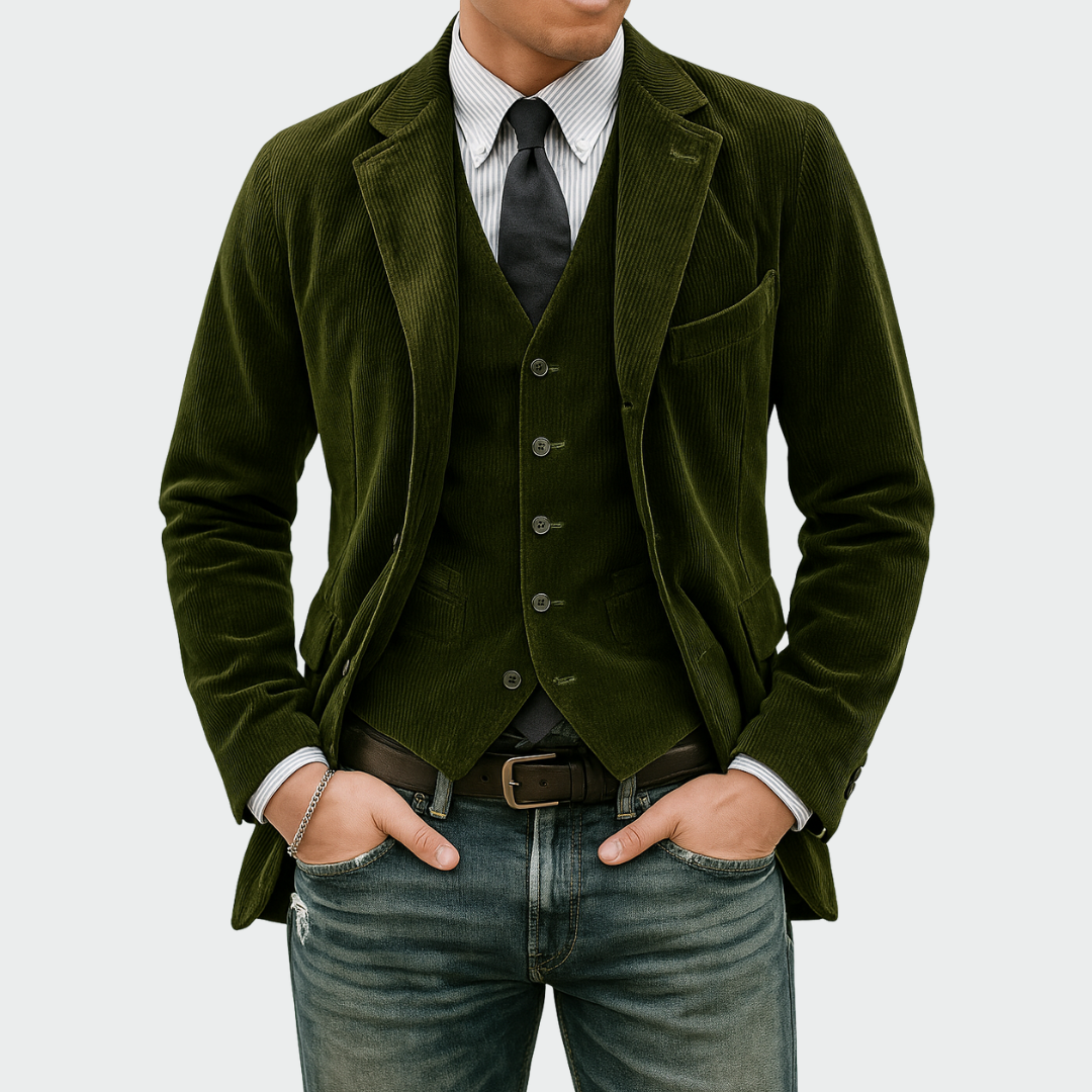 Stylish men's elegant jacket and vest set, a refined two-piece suit for special occasions and professional style.
