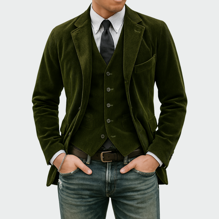 Stylish men's elegant jacket and vest set, a refined two-piece suit for special occasions and professional style.