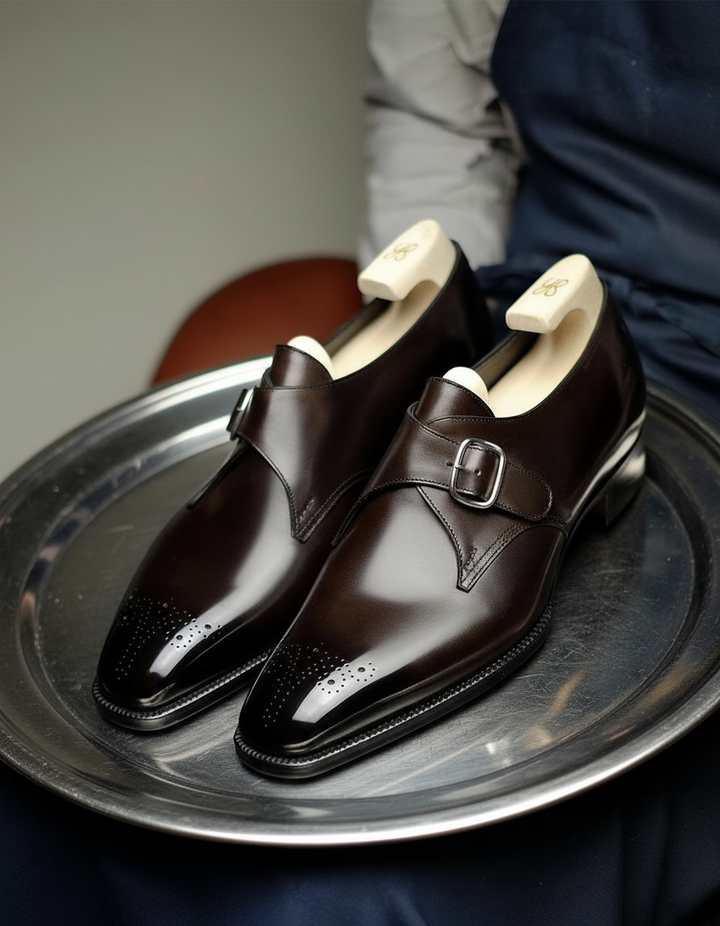Versatile men's brown single monk strap shoes for smart casual to formal outfits, featuring a polished finish.