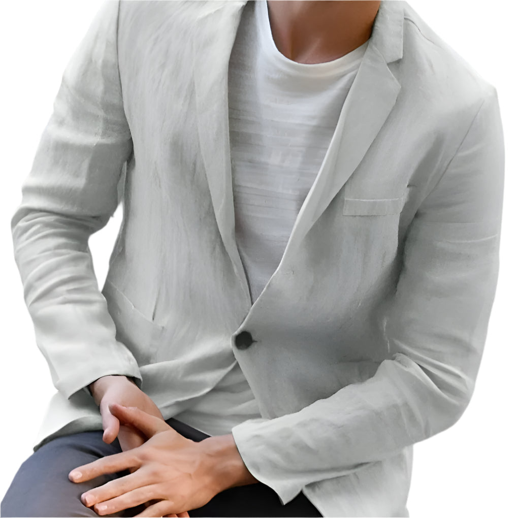 Stylish men's white blazer, a lightweight casual jacket for elegant spring fashion & smart summer outfits. Modern.