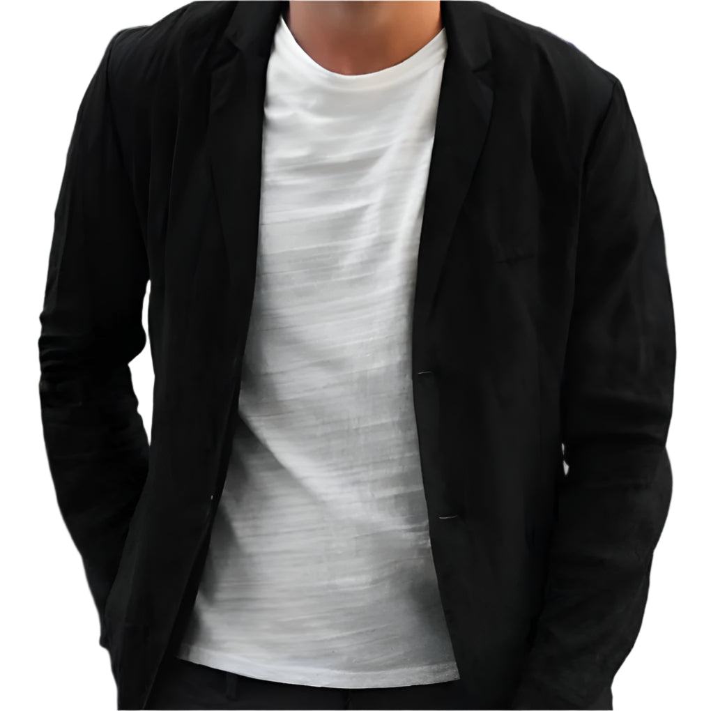 Modern fit men's black blazer, a versatile elegant & casual outerwear piece for any occasion. Lightweight spring.