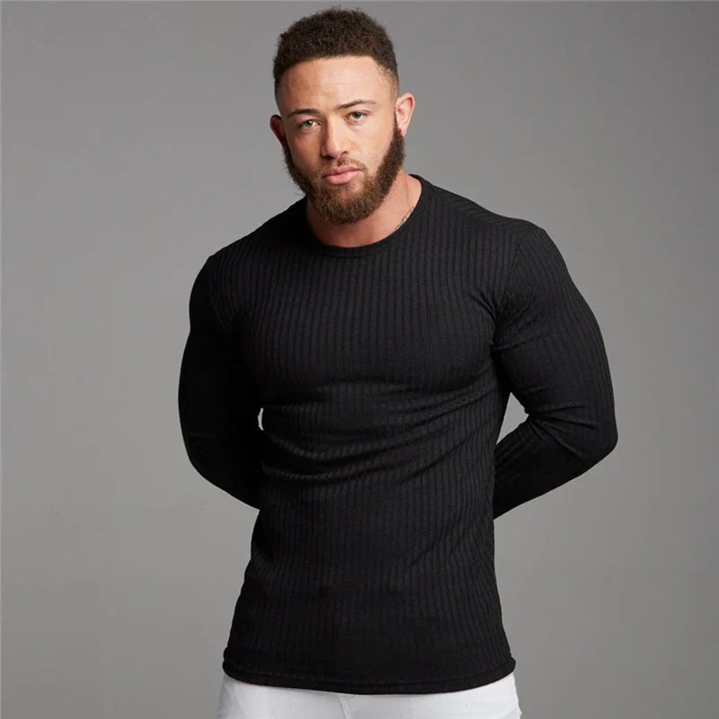 Slim fit men's long sleeve pullover sweater. Elegant casual knit, crew neck, essential versatile top for autumn & winter.