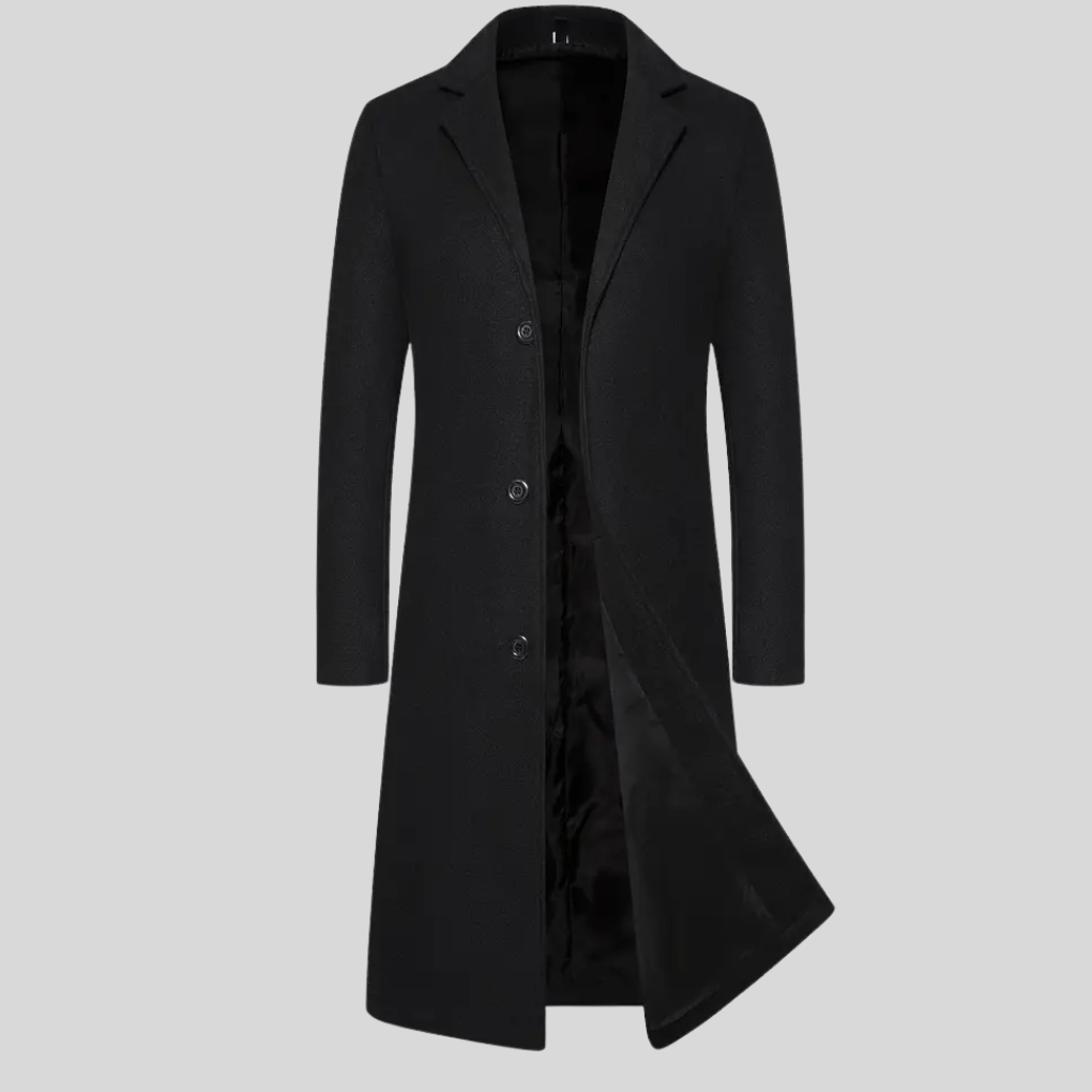 Men's elegant classic long winter overcoat. Perfect sophisticated outerwear for formal or smart casual occasions.