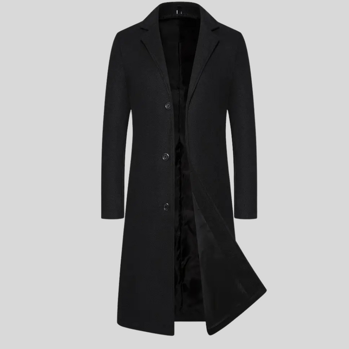 Men's elegant classic long winter overcoat. Perfect sophisticated outerwear for formal or smart casual occasions.