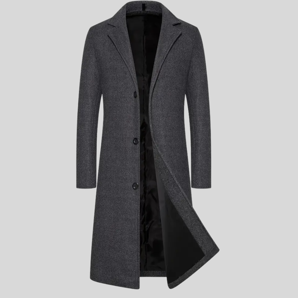 Stylish men's long overcoat, elegant classic winter outerwear. Ideal for formal wear or smart casual men's fashion.