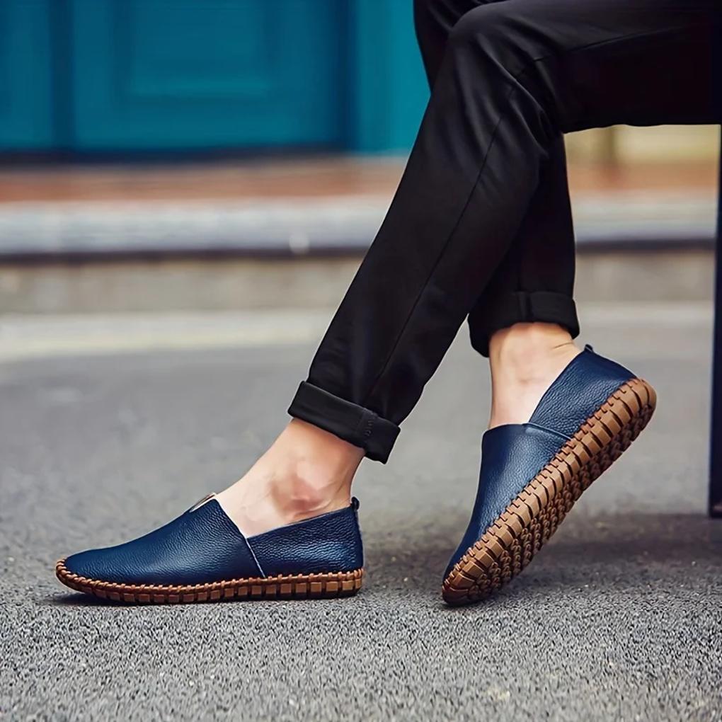 Men's elegant dark blue matte slip-on loafers, comfortable dress & casual shoes.