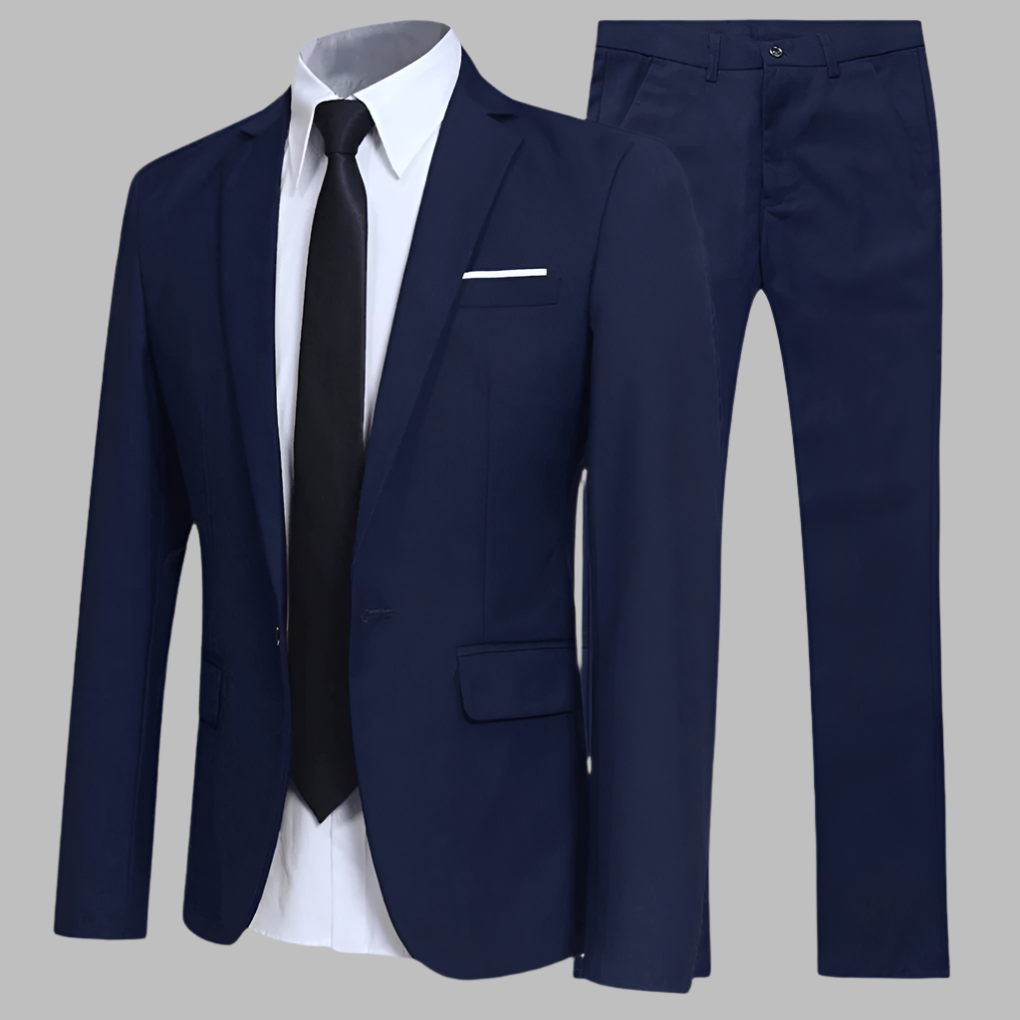 Men's elegant dark blue tailored suit. Perfect comfortable professional wear for business, office, and formal events.