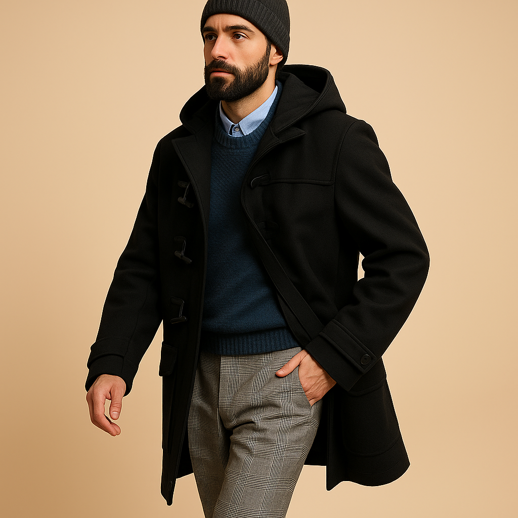 Stylish men's long winter jacket for cold weather. A fashionable casual coat, perfect for men's fashion.
