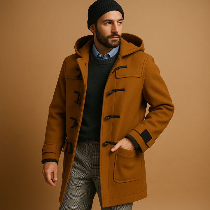 Warm men's long coat, an elegant winter jacket combining effortless style with practical cold weather protection.