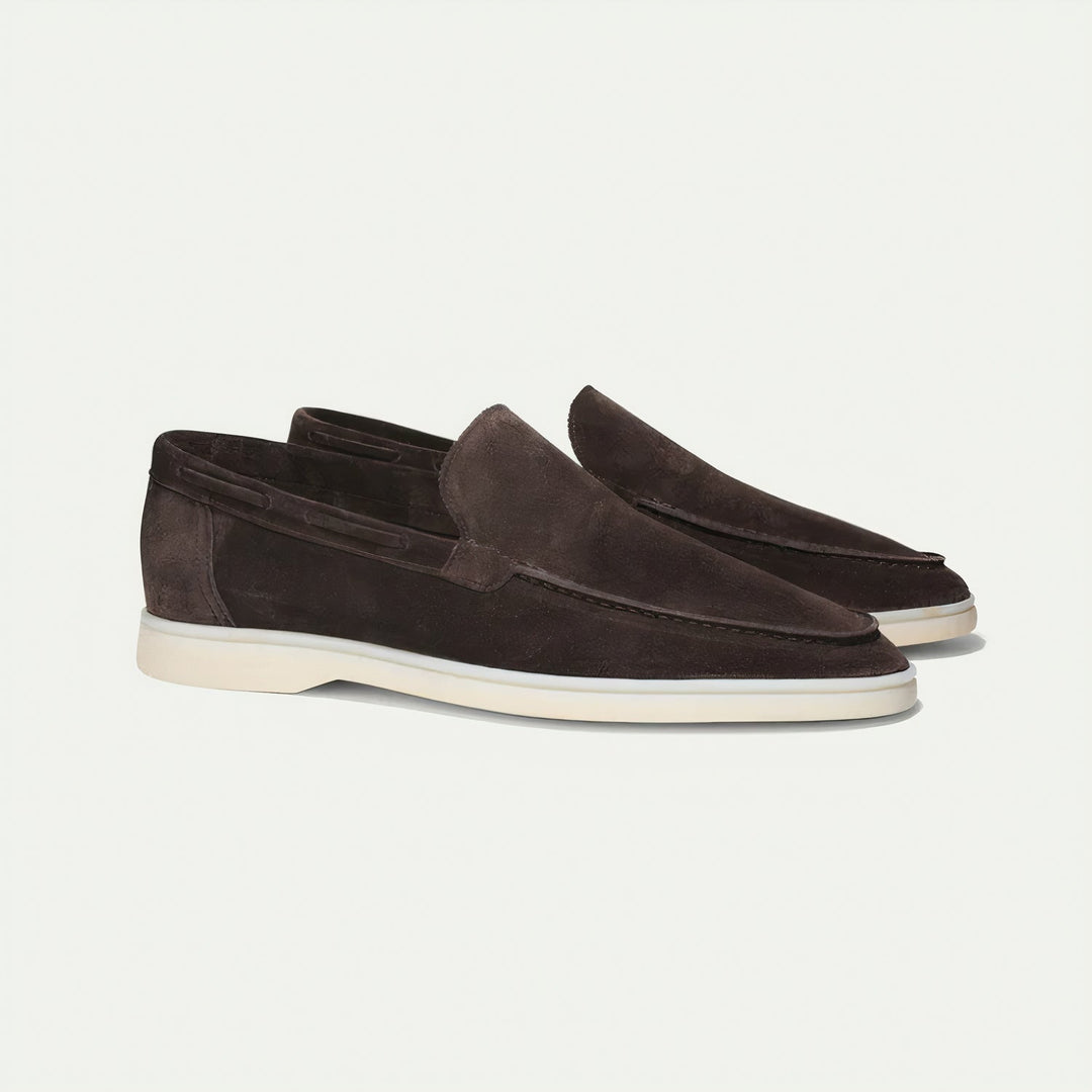 Men's elegant navy blue suede loafers for smart casual & business casual style. Comfortable slip-on shoes.