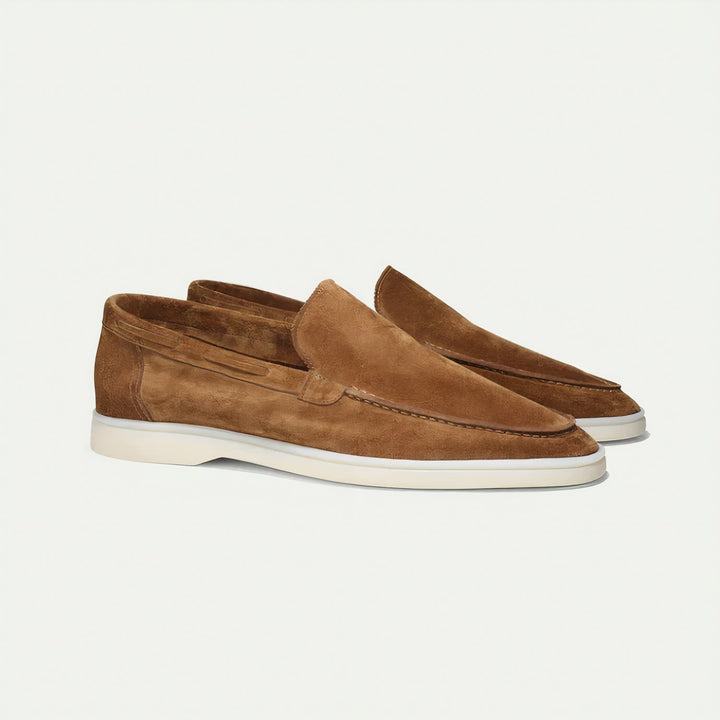 Refined olive green suede loafers. Men's comfortable slip-on shoes for elegant smart casual fashion.