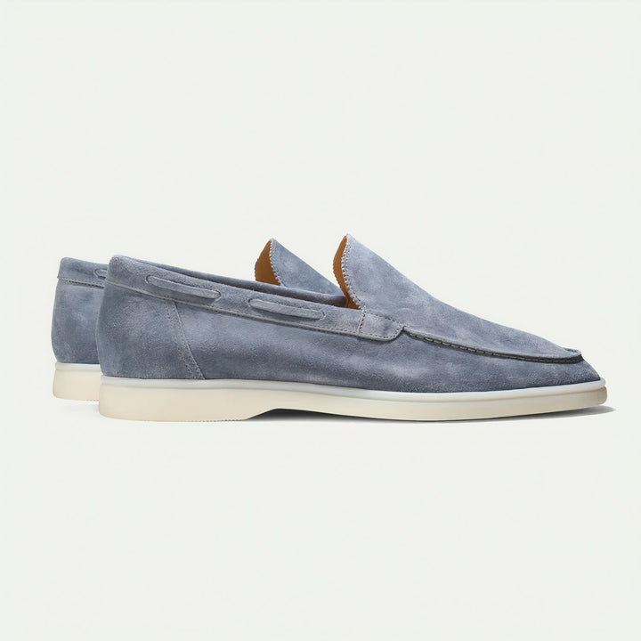 Olive green men's suede slip-on loafers. Versatile & comfortable footwear for smart casual fashion.