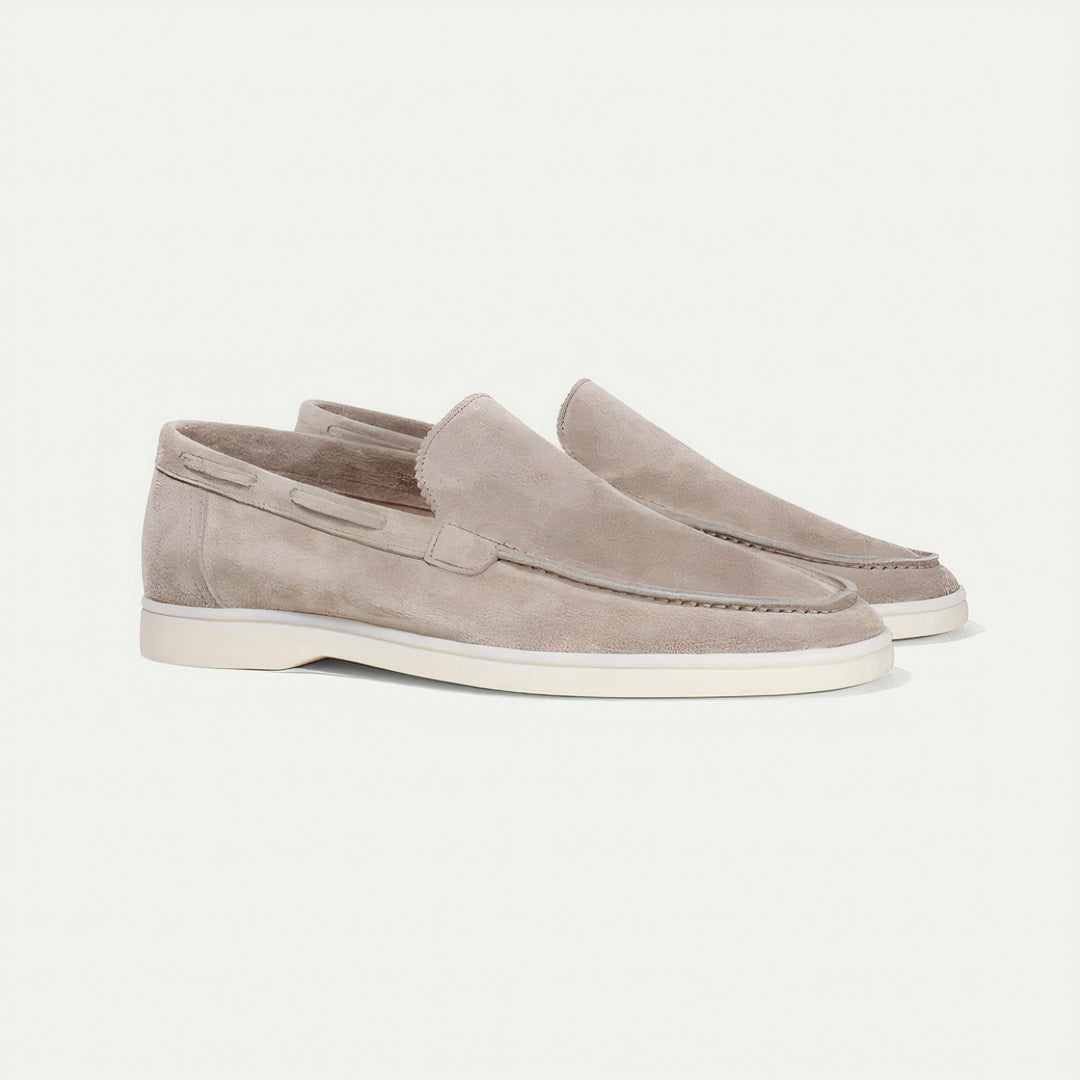 Olive green suede slip-on loafers. Men's comfortable footwear for versatile everyday smart casual style.