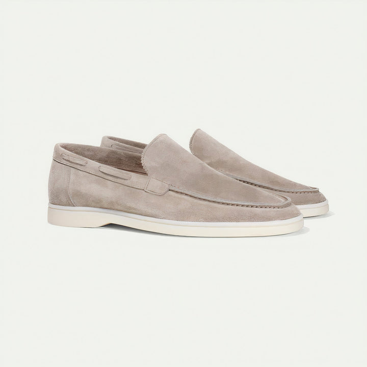 Olive green suede slip-on loafers. Men's comfortable footwear for versatile everyday smart casual style.