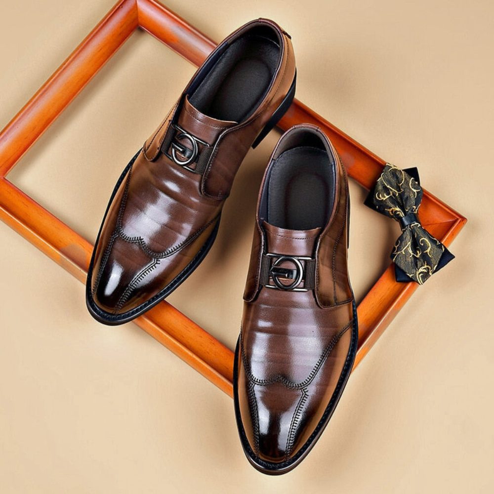 Classic men's pointed-toe monk strap dress shoes featuring a sleek buckle closure. Elegant formal business footwear.