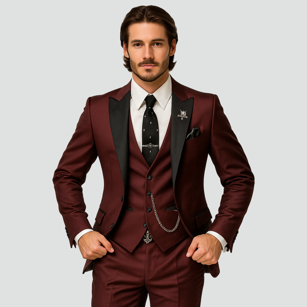 Men's elegant slim fit three-piece suit for formal events, perfect for weddings, galas, or parties.