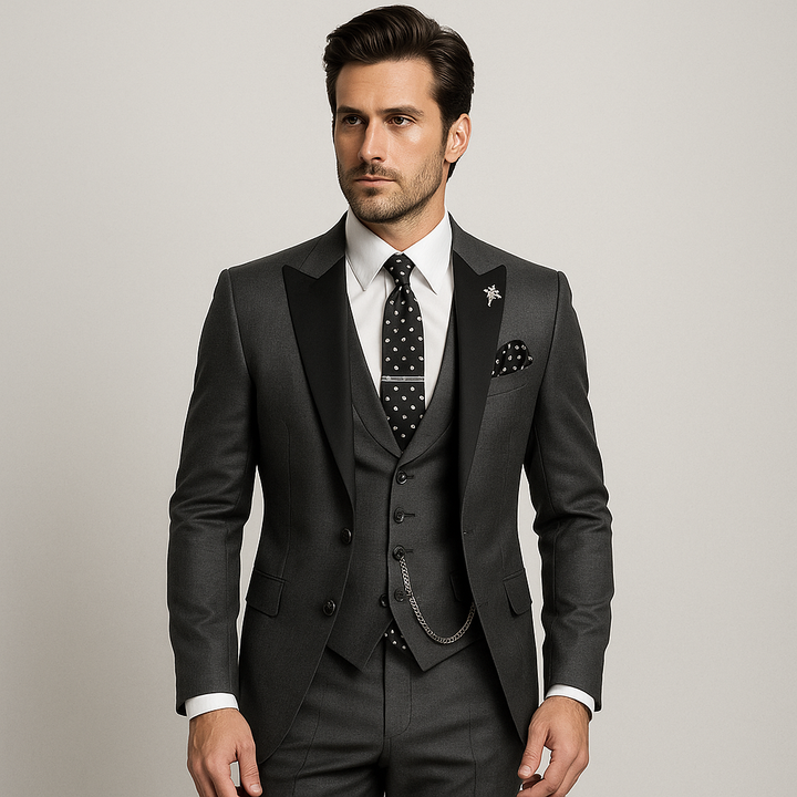 Modern elegant men's slim fit suit, a complete three-piece set for a refined and sophisticated formal fashion look.