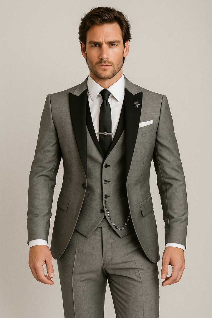 Handsome men's three-piece formal suit, featuring a slim fit silhouette, suitable for any elegant occasion or event.