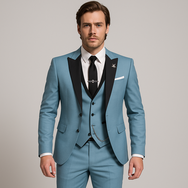 Complete men's elegant three-piece suit set, offering a slim fit and sophisticated style for diverse formal events.
