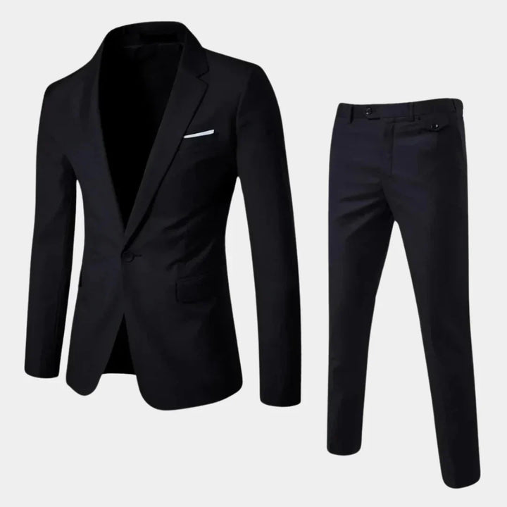 Men's elegant slim fit two-piece suit with blazer & trousers, ideal for formal occasions & business wear.