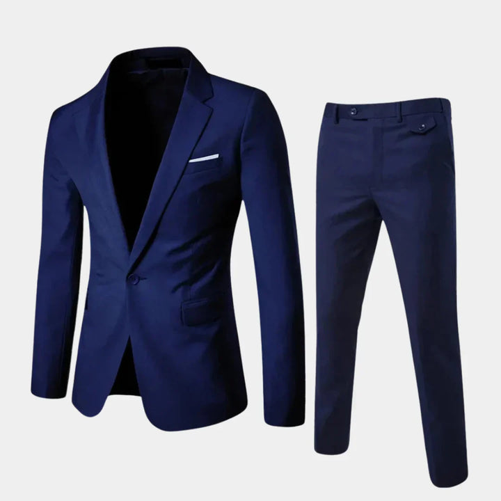 Men's new slim fit suit, a sleek formal wear two-piece with blazer & trousers, suitable for professional events.