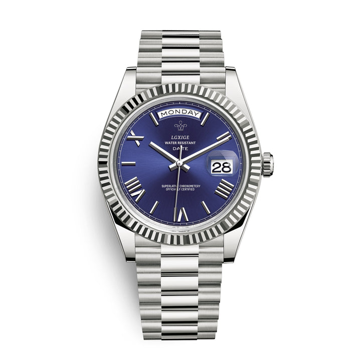 Men's elegant stainless steel quartz watch with clear day & date display. Timeless classic timepiece.