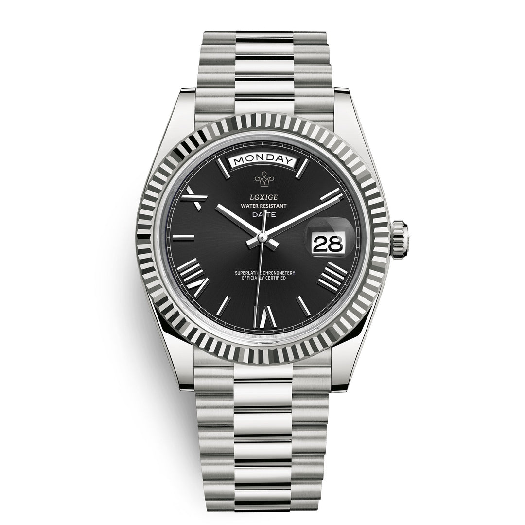 Versatile men's elegant watch, suitable for business & casual wear. Day-date stainless steel quartz accessory.