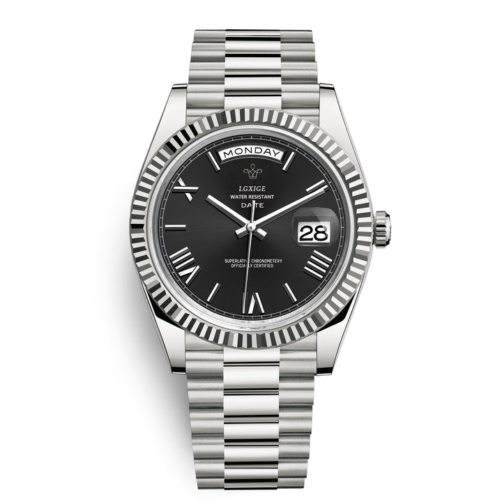Versatile men's elegant watch, suitable for business & casual wear. Day-date stainless steel quartz accessory.