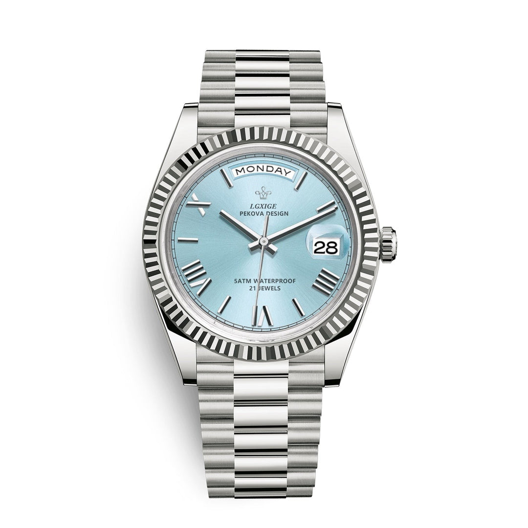 Men's timeless elegant quartz watch. Stainless steel, day & date display. A classic and sophisticated accessory.