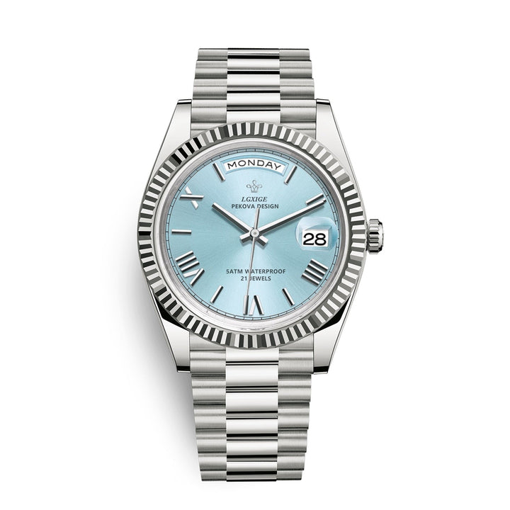 Men's timeless elegant quartz watch. Stainless steel, day & date display. A classic and sophisticated accessory.