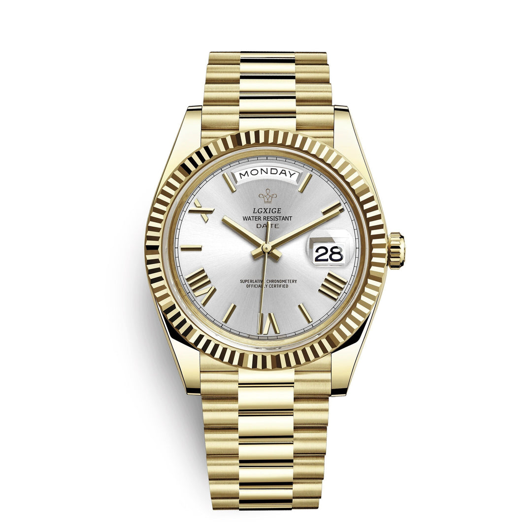 Men's elegant quartz timepiece with day & date display. Durable stainless steel watch, a sophisticated gift.