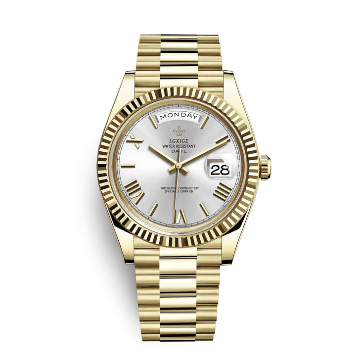 Men's elegant quartz timepiece with day & date display. Durable stainless steel watch, a sophisticated gift.