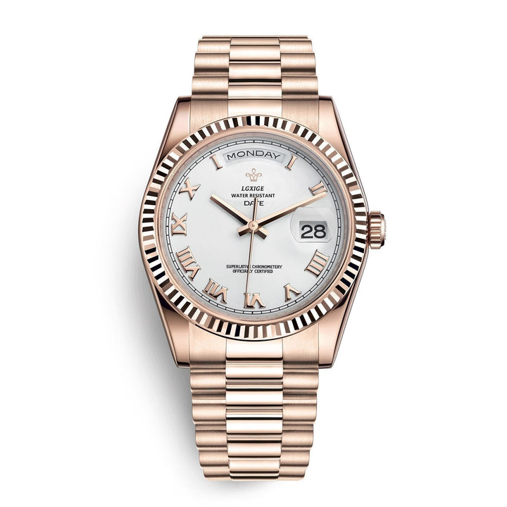 Sophisticated men's watch for business wear. Durable stainless steel day-date accessory with quartz movement.