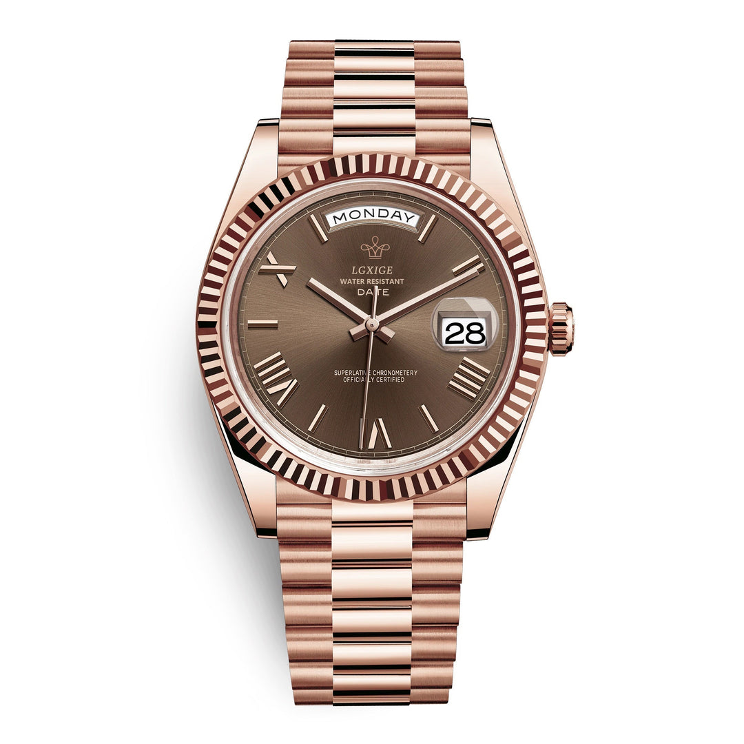 Gift-ready men's classic day-date watch. Elegant stainless steel timepiece for him, perfect accessory.