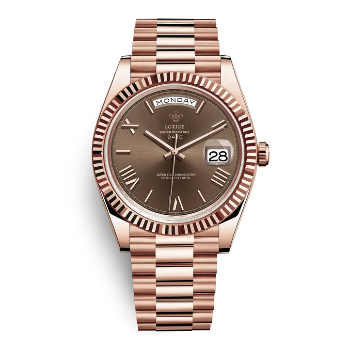 Gift-ready men's classic day-date watch. Elegant stainless steel timepiece for him, perfect accessory.