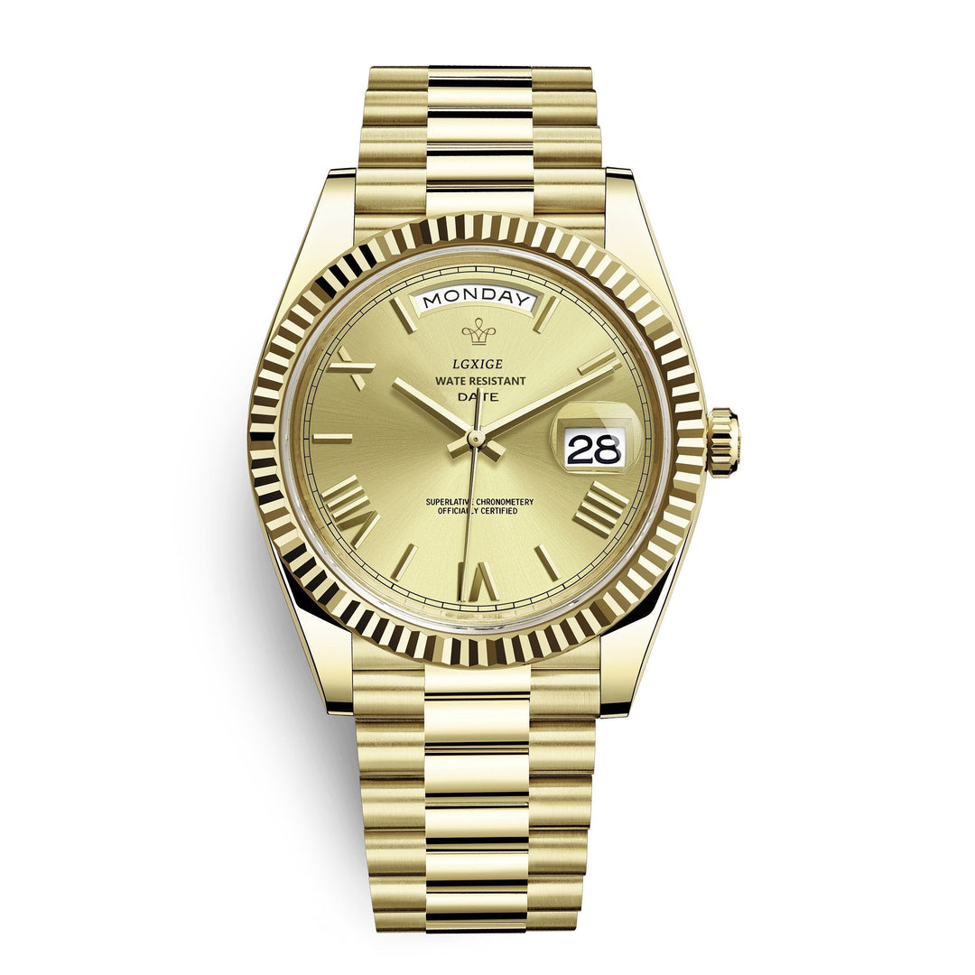 Close-up of men's elegant watch dial, showcasing clear day & date complications. Stainless steel timepiece.