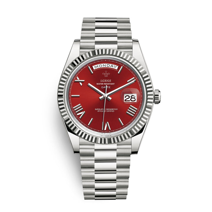 Men's elegant day-date watch on wrist, suitable for casual or business wear. Stainless steel classic accessory.