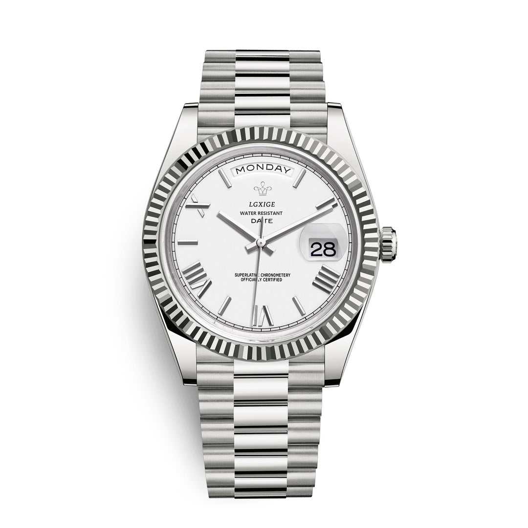 Front view of men's classic stainless steel quartz watch with prominent day & date display. Durable design.