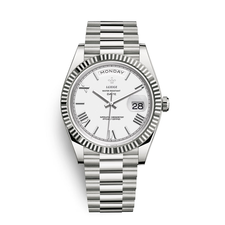 Front view of men's classic stainless steel quartz watch with prominent day & date display. Durable design.