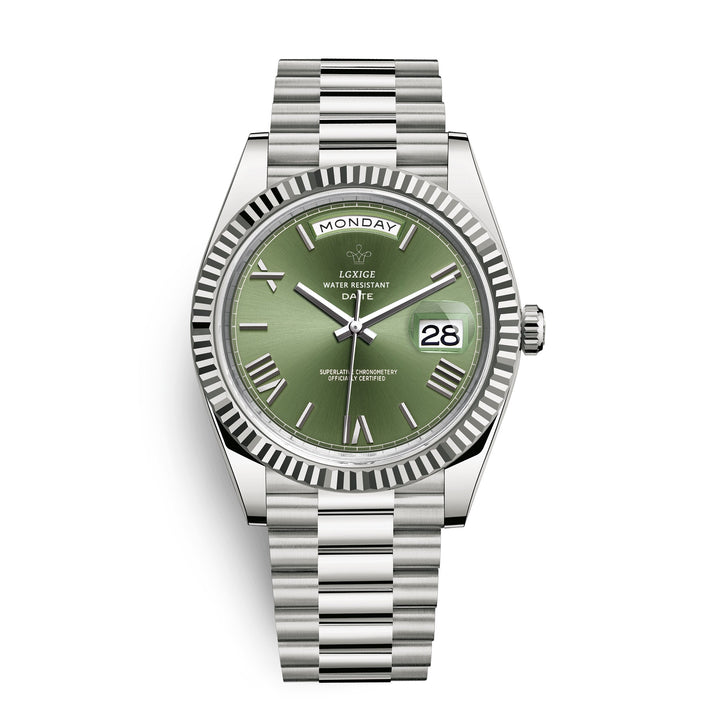 Angled shot of men's sophisticated watch. Elegant day-date timepiece, durable stainless steel for men.