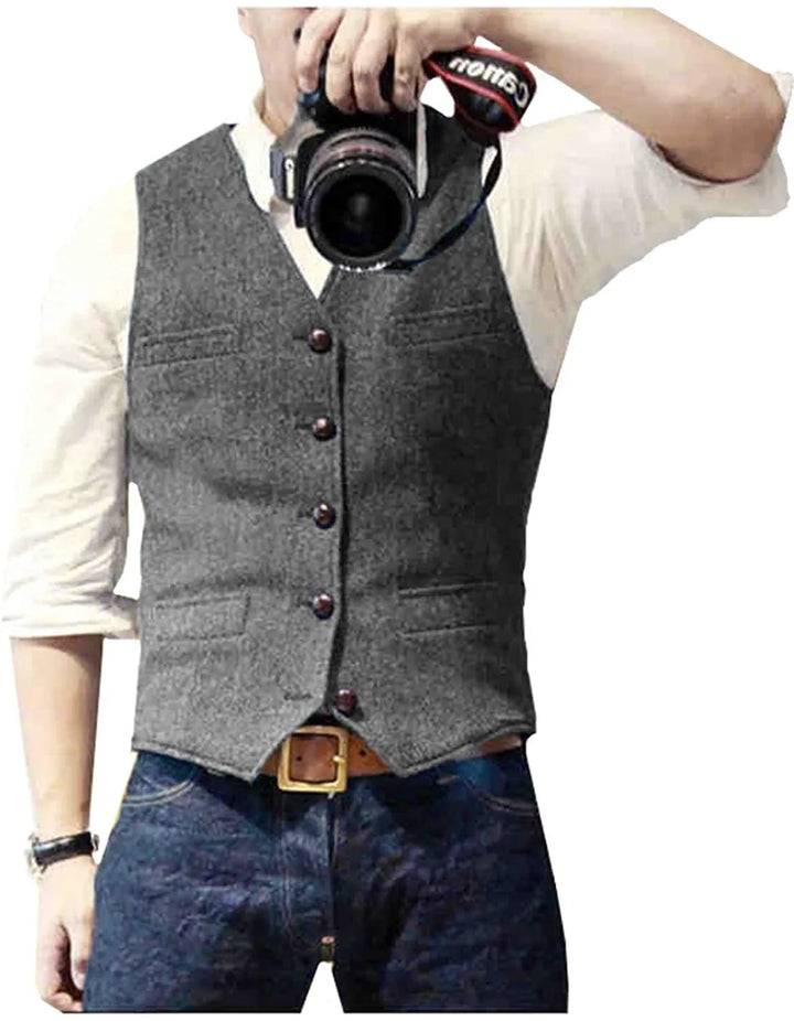 Sophisticated men's button-up waistcoat. Tailored vest for smart casual & formal dress wear. Elegant layering.