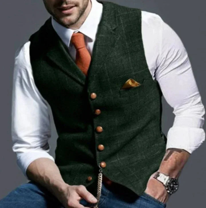 Timeless men's v-neck waistcoat. Tailored for a sleek, sophisticated look, ideal for business and formal wear.