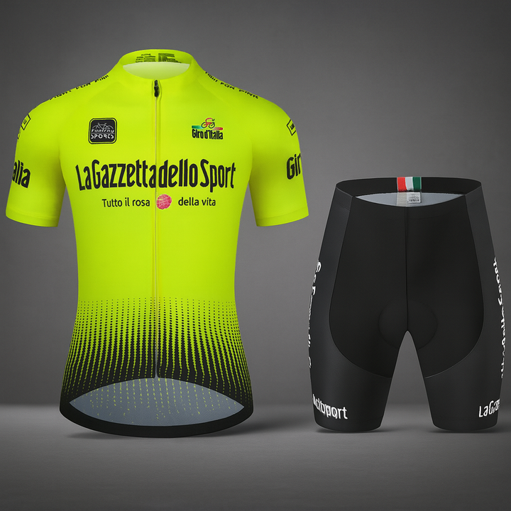Men's Elite Performance Cycling Kit, moisture-wicking jersey & padded shorts for optimal road bike comfort.