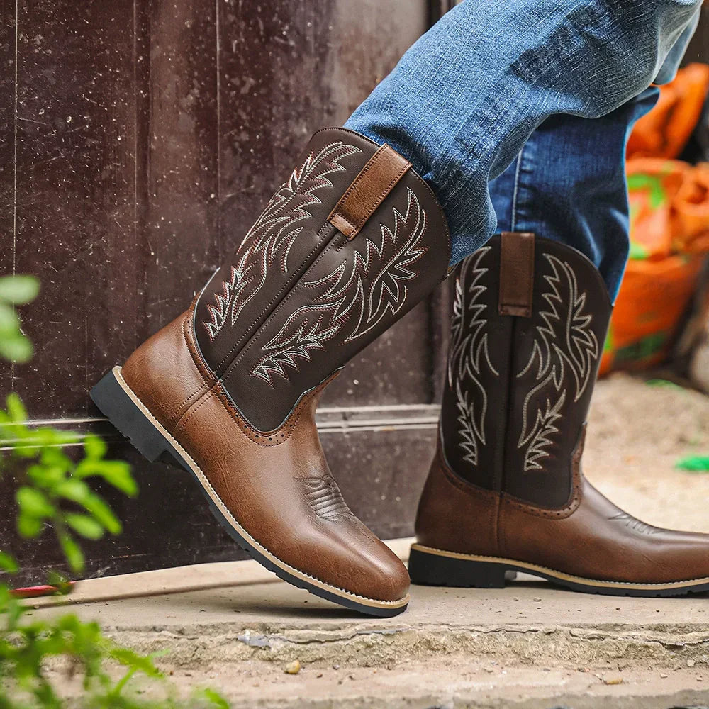 Men's embroidered mid-calf boots with a stylish square toe, perfect for smart-casual autumn fashion.