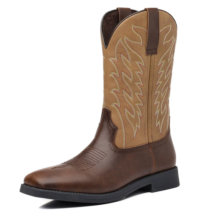 High-quality leather men's mid-calf boots, featuring elegant embroidery and a comfortable square toe design.